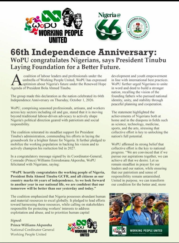 66th Independence Anniversary: WoPU congratulates Nigerians, says President Tinubu laying foundation for better future